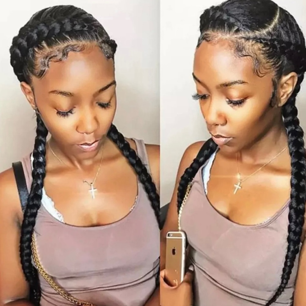 - Box braided hair wig lace front black wig 24” cornrows braided wig for women